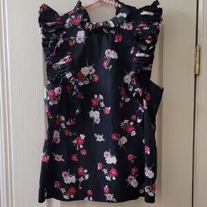 Express Black and Pink Floral Ruffle Blouse